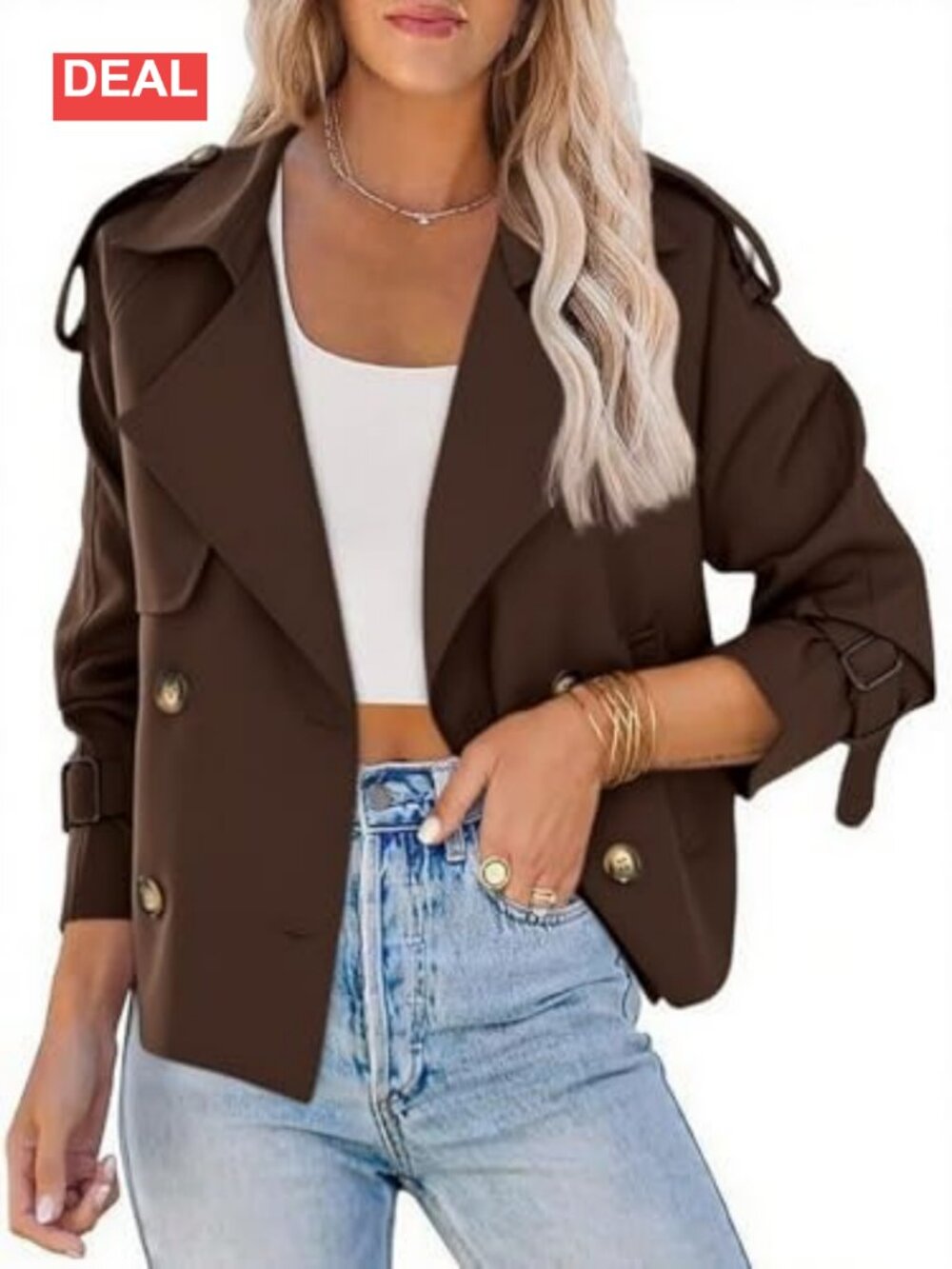 Cropped Trench Coat Double-Breasted Belted Cuffs Women's Fall Jacket